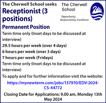 Cherwell School seeks Receptionist