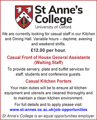 St Anneâ€™s College Oxford seeks Casual Wait Staff and kitchen roles