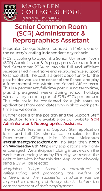 Magdalen College School seeks Senior Common Room (SCR) Administrator & Reprographics Assistant