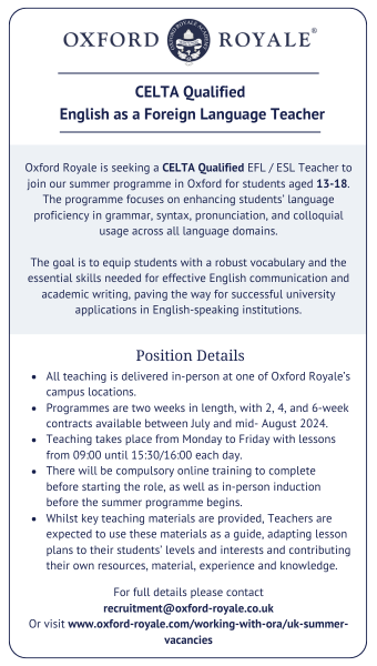 Oxford Royale Academy have English as a Foreign Language Teacher