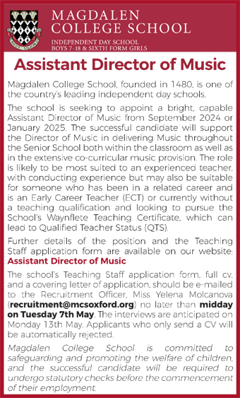 Magdalen College School seeks Assistant Director of Music