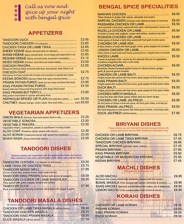 Bengal Spice Menu 1