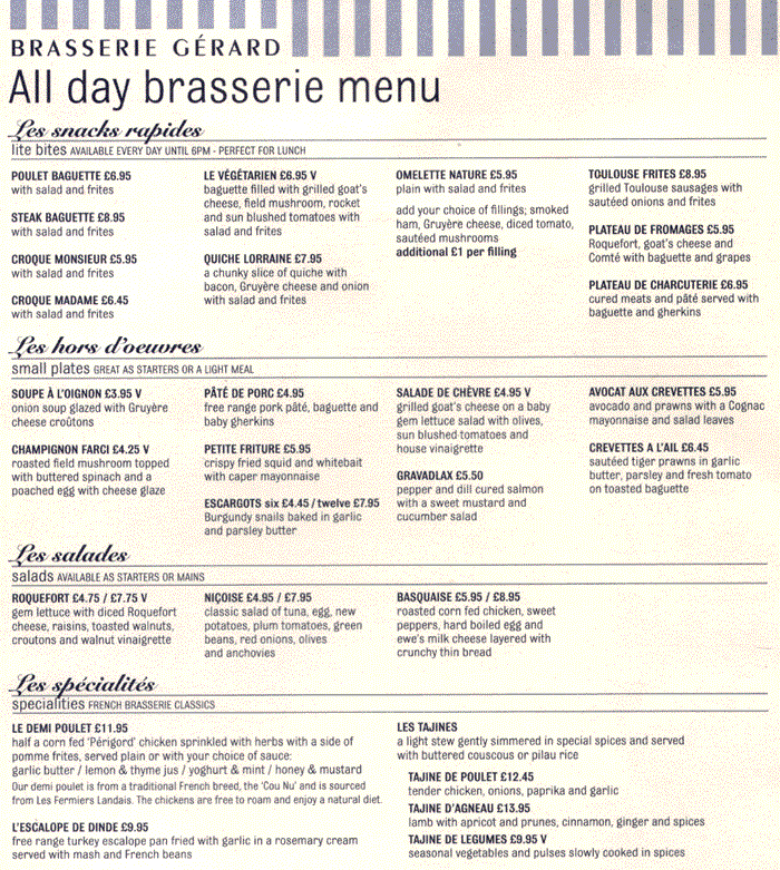 picture of Brasserie Gerard menu, page 1