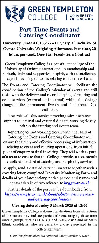 Green Templeton College seeks Part-Time Events and Catering Coordinator