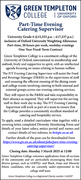 Green Templeton College seeks Part-Time Evening  Catering Supervisor