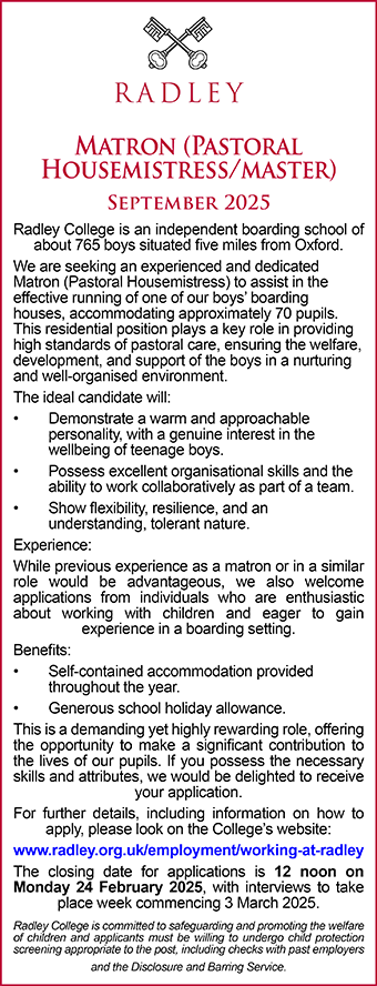 Radley College seek Matron (Pastoral Housemistress/master)