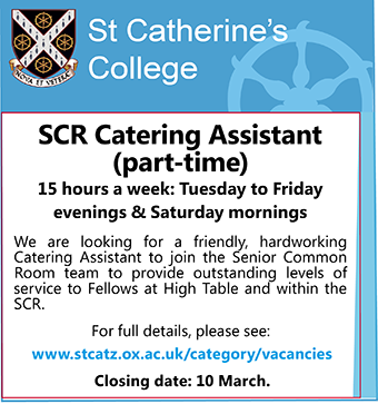 St Catherineâ€™s College seeks SCR Catering Assistant (part-time)