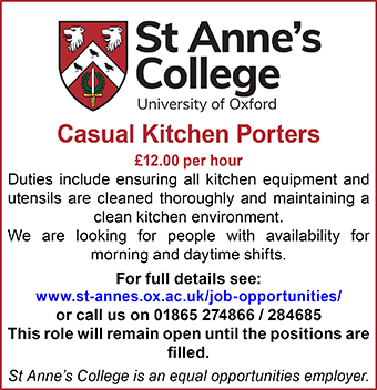 St Anneâ€™s College Oxford seeks Casual Kitchen Porters