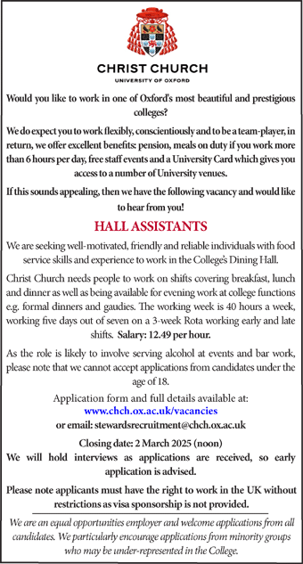 Christ Church, Oxford seek Hall Assistants