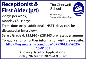 Cherwell School seeks Receptionist & First Aider (p/t)