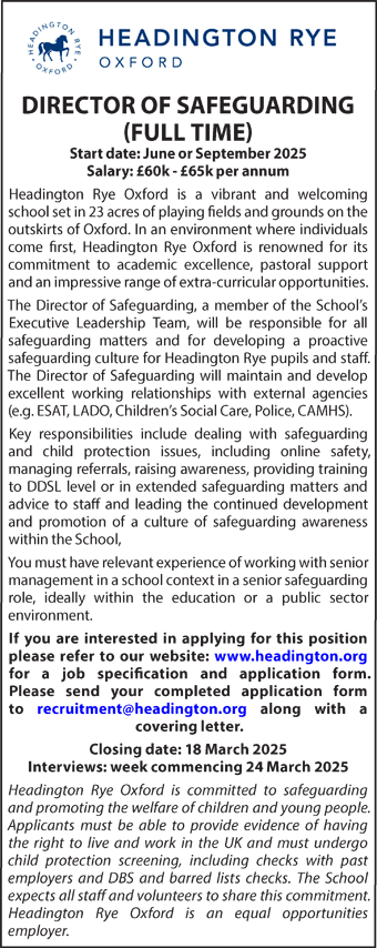 Headington Rye seek DIRECTOR OF SAFEGUARDING