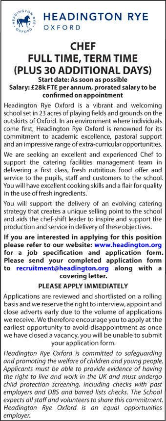 Headington Rye seek Chef Full Time