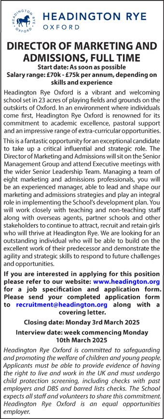 Headington Rye seek DIRECTOR OF MARKETING AND ADMISSIONS, FULL TIME