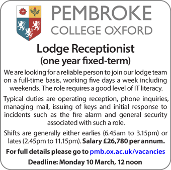 Pembroke College seeks a Lodge Receptionist