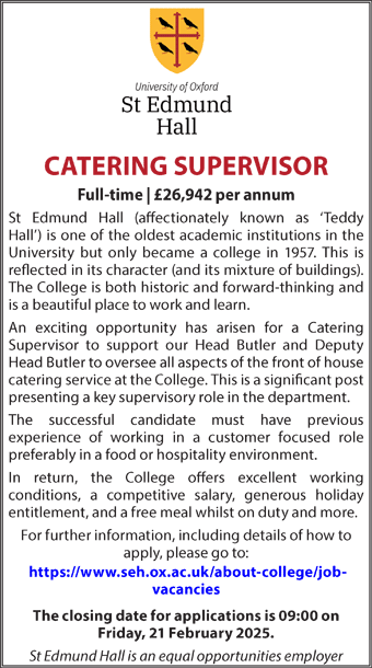 St Edmund Hall seeks Catering Supervisor