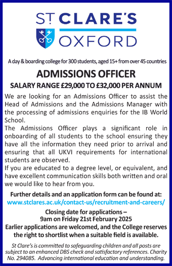 St Clare's seeks Admissions Officer