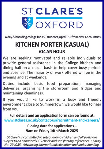 St Clare's seeks Kitchen Porter