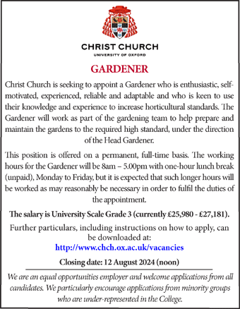Christ Church, Oxford seek Gardener