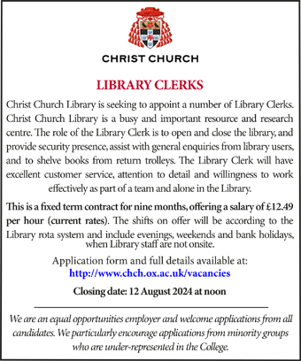 Christ Church, Oxford seek Library Clerk