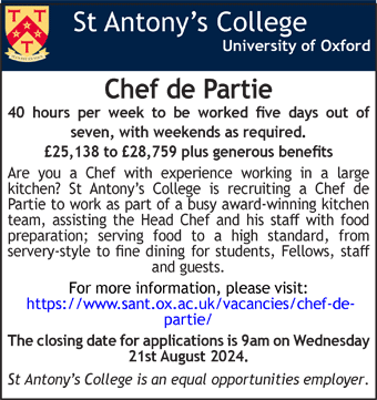 St Antony's College seeks Chef de Partie