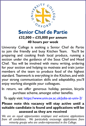 University College Oxford seeks Senior Chef de Partie