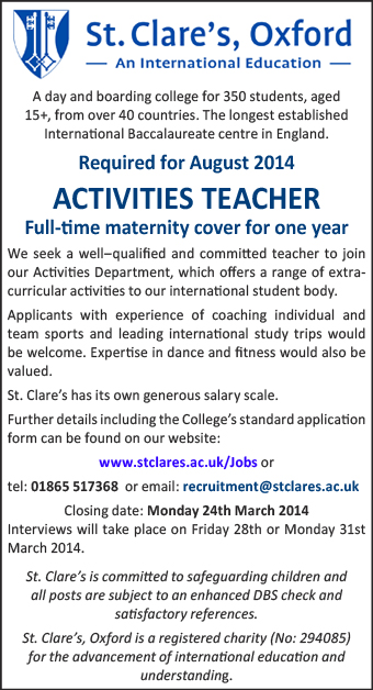 St Clare's, Oxford, seeks an Activities Teacher