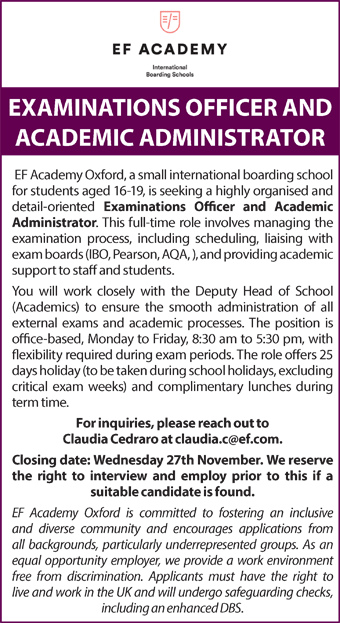 EF Academy seeks Examinations Officer and Academic Administrator