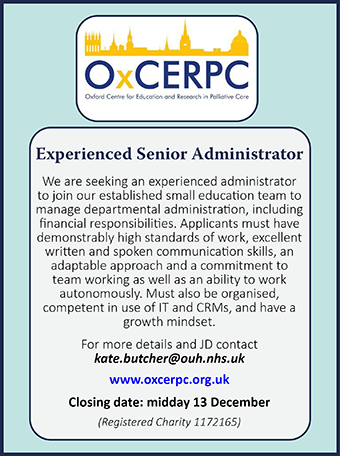 Oxford Centre for Education and Research in Palliative Care is hiring a Senior Administrator