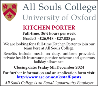 All Souls College seek Kitchen Porter