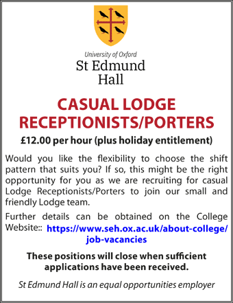 St Edmund Hall seeks Casual Lodge Receptionists/Porters