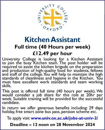 University College Oxford seeks Kitchen Assistant