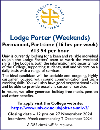 University College Oxford seeks Weekend Lodge Porter