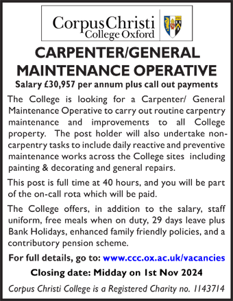 Corpus Christi College seeks Carpenter/General Maintenance Operative