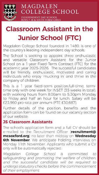 Magdalen College School seeks Classroom Assistant in the Junior School (FTC)