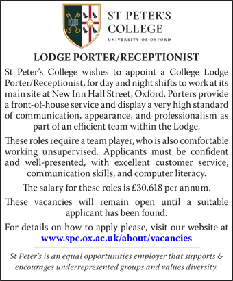 St Peter's College seek Lodge Porter/Receptionist 