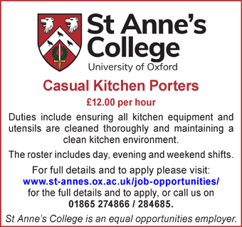 St Anneâ€™s College Oxford seeks Casual Kitchen Porters