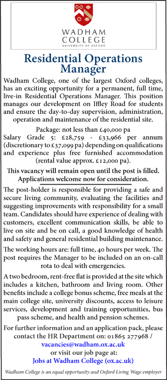 Wadham College seek Residential Operations Manager