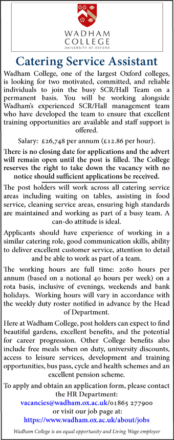 Wadham College seek Catering Service Assistant