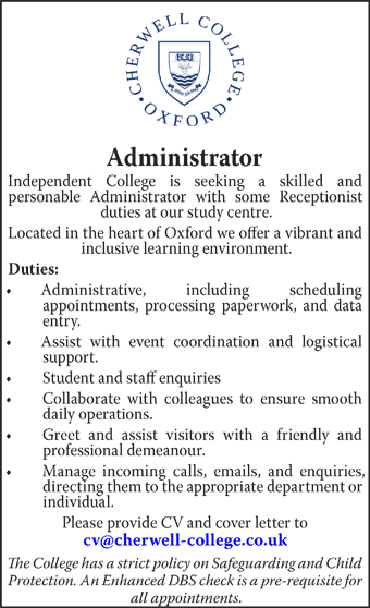 College in Oxford city centre is looking for Administrator