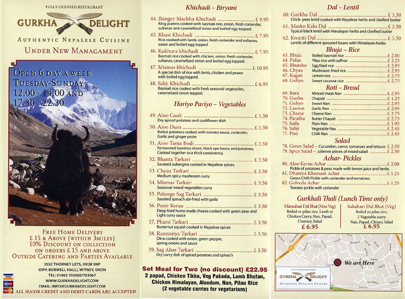 Gurkha Delight restaurant, Witney - menu